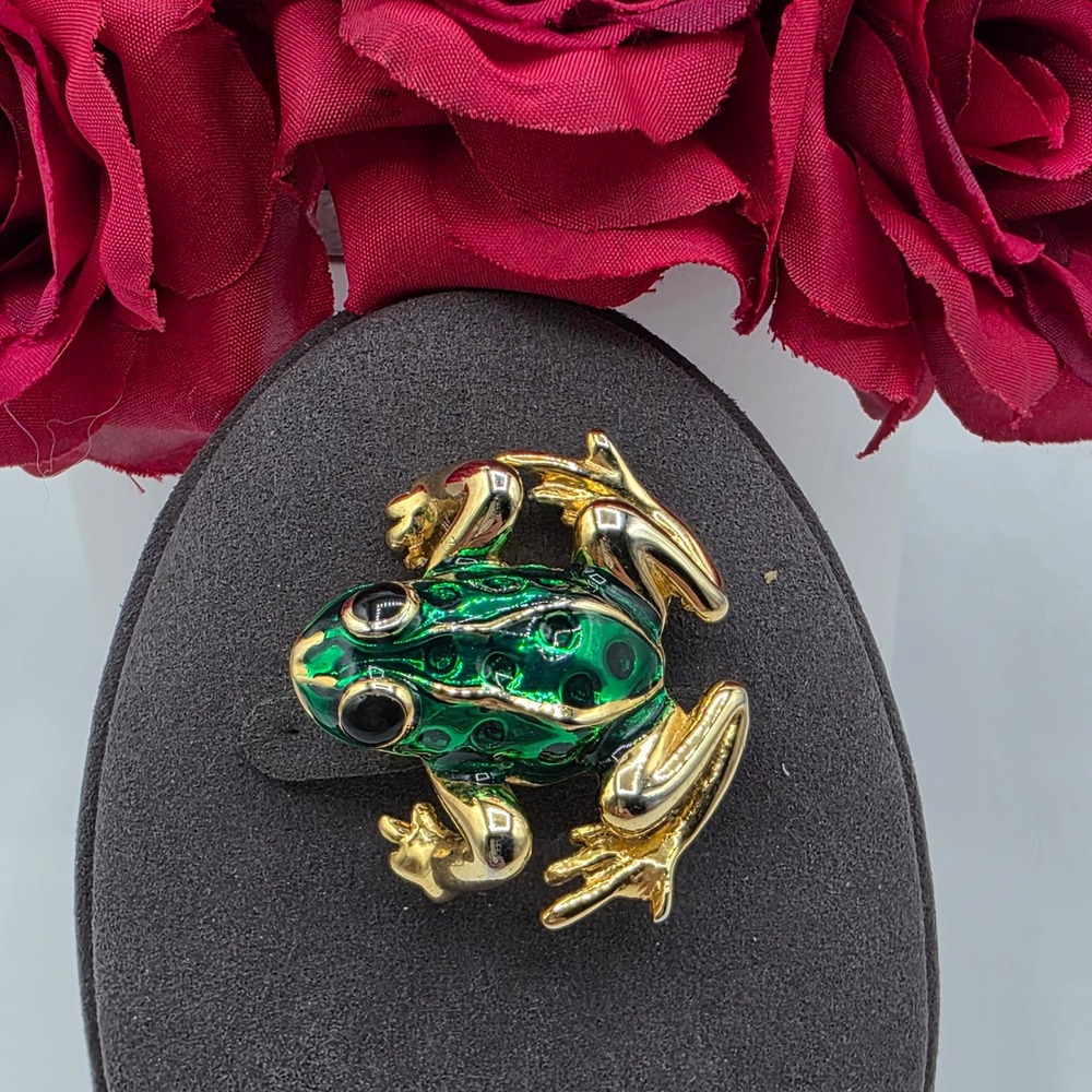 Sphinx Green Enamel Frog Brooch Gold Tone Spotted Vintage Pin Animal Signed